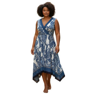 Studio One New York Womens Blue V-Neck Sharkbite Hem Midi Dress Summer sz 8